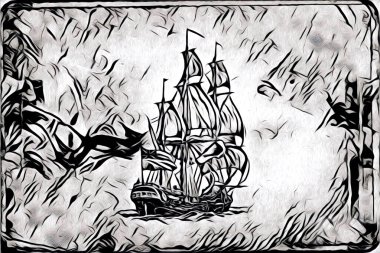 Antika tekne deniz motifi el yapımı sanat eseri çizimi