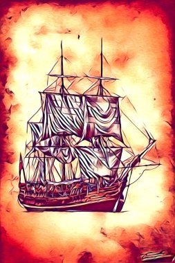 Antika tekne deniz motifi el yapımı sanat eseri çizimi