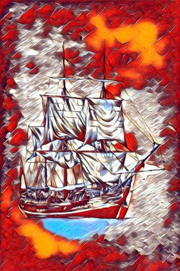 Antika tekne deniz motifi el yapımı sanat eseri çizimi