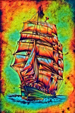 Antika tekne deniz motifi el yapımı sanat eseri çizimi