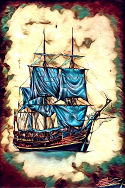 Antika tekne deniz motifi el yapımı sanat eseri çizimi