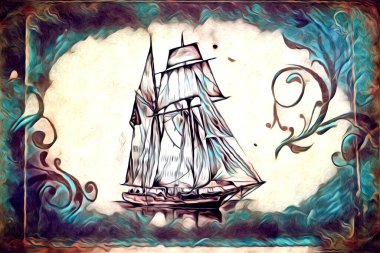 Antika tekne deniz motifi el yapımı sanat eseri çizimi