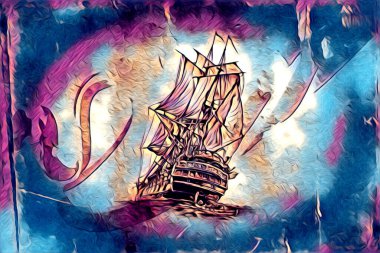 Antika tekne deniz motifi el yapımı sanat eseri çizimi