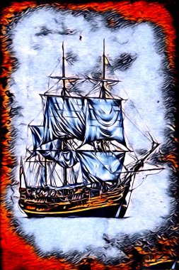 Antika tekne deniz motifi el yapımı sanat eseri çizimi