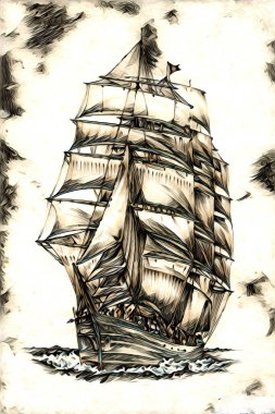 Antika tekne deniz motifi el yapımı sanat eseri çizimi