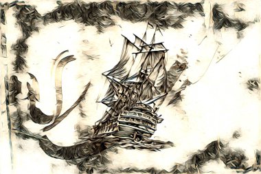 Antika tekne deniz motifi el yapımı sanat eseri çizimi