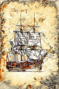 Antika tekne deniz motifi el yapımı sanat eseri çizimi