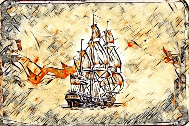 Antika tekne deniz motifi el yapımı sanat eseri çizimi