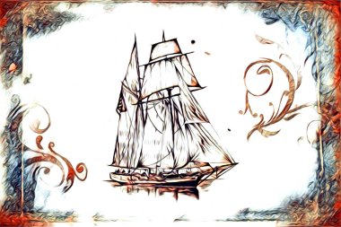 Antika tekne deniz motifi el yapımı sanat eseri çizimi