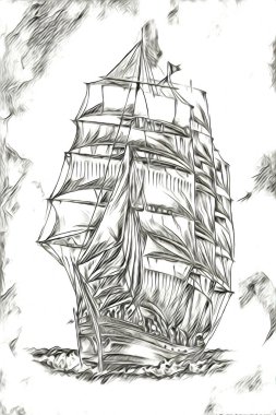 Antika tekne deniz motifi el yapımı sanat eseri çizimi