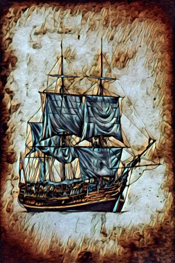 Antika tekne deniz motifi el yapımı sanat eseri çizimi