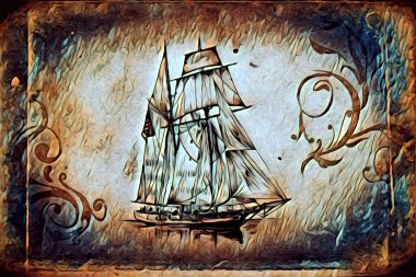 Antika tekne deniz motifi el yapımı sanat eseri çizimi