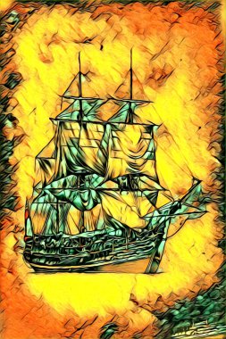 Antika tekne deniz motifi el yapımı sanat eseri çizimi