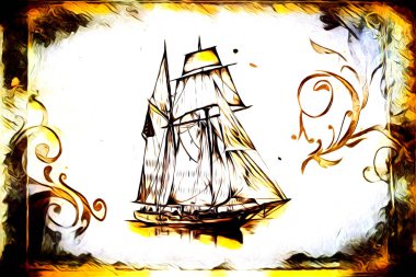 Antika tekne deniz motifi el yapımı sanat eseri çizimi