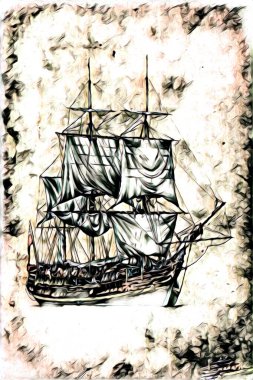 Antika tekne deniz motifi el yapımı sanat eseri çizimi