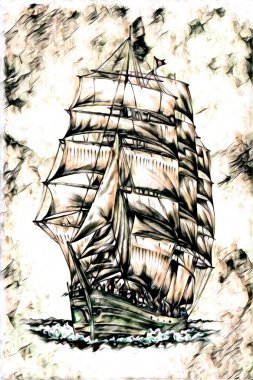 Antika tekne deniz motifi el yapımı sanat eseri çizimi