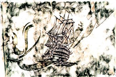 Antika tekne deniz motifi el yapımı sanat eseri çizimi