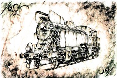 Eski buharlı lokomotif motoru eski model illüstrasyon