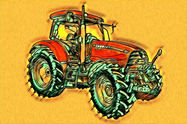 Tracteur Agricole Illustration Couleur Art Vintage Antique Drôle — Photo