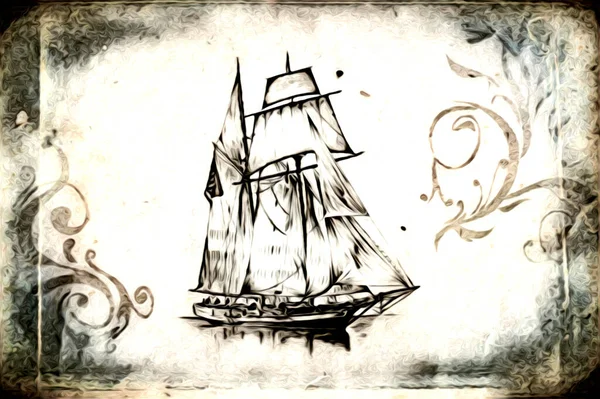 古董船航海动机绘图手工制作的插图艺术古董绘图 — 图库照片