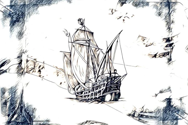 Starožitný Člun Moře Motiv Kreslení Ruční Ilustrace Umění Vintage Kresba — Stock fotografie
