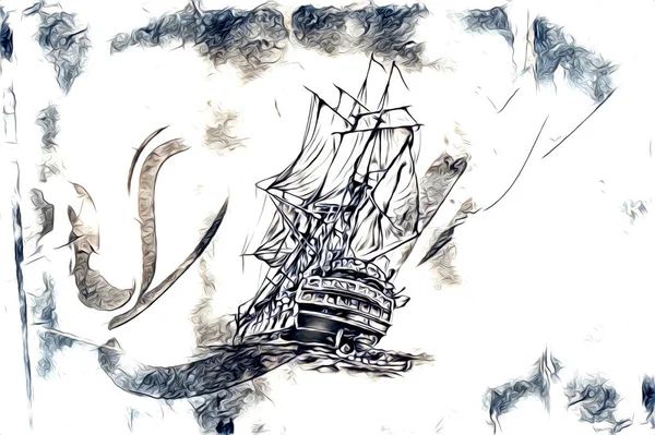 Bateau Antique Motif Mer Dessin Illustration Main Art Vintage Dessin — Photo