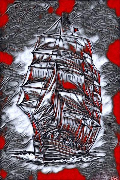 Антикварная Лодка Морской Мотив Рисование Ручной Работы Иллюстрации Художественный Винтажный — стоковое фото
