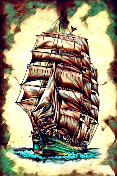 Barco Antiguo Mar Motivo Dibujo Hecho Mano Ilustración Arte Vintage —  Fotos de Stock