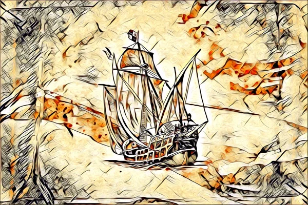 Antica Barca Mare Motivo Disegno Fatto Mano Illustrazione Arte Vintage — Foto Stock