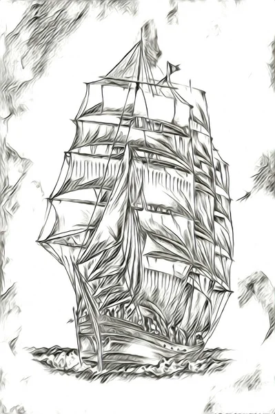 Antique Boat Sea Motive Drawing Handmade Illustration Art Vintage Drawing — Stock Photo, Image