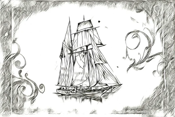 Antique Βάρκα Κίνητρο Θάλασσα Σχέδιο Χειροποίητα Εικονογράφηση Τέχνη Vintage Σχέδιο — Φωτογραφία Αρχείου