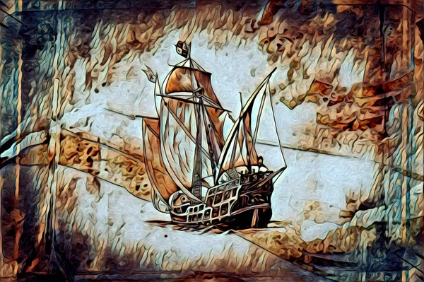 Антикварная Лодка Морской Мотив Рисование Ручной Работы Иллюстрации Художественный Винтажный — стоковое фото