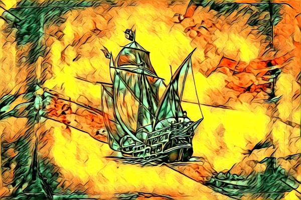 Antik Hajó Tenger Motívum Rajz Kézzel Készített Illusztráció Művészet Évjárat — Stock Fotó