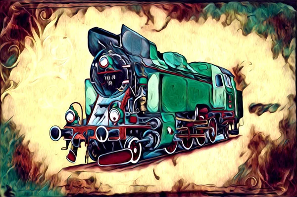 Vieja Locomotora Vapor Motor Retro Vintage Ilustración — Foto de Stock