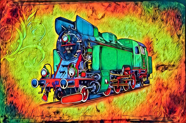 Vieja Locomotora Vapor Motor Retro Vintage Ilustración — Foto de Stock