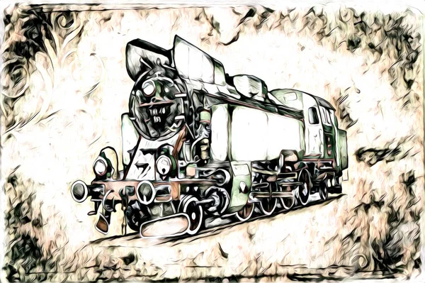 Vieja Locomotora Vapor Motor Retro Vintage Ilustración — Foto de Stock