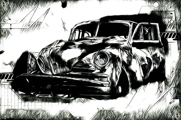 Oude Klassieke Auto Retro Vintage Illustratie Tekening — Stockfoto