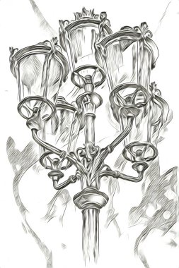 Antika sokak feneri el yapımı sanat eskileri çiziyor.