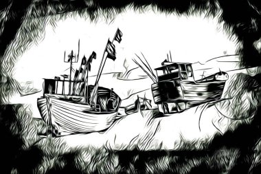 Antika tekne deniz motifi el yapımı çizimler