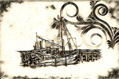 Antika tekne deniz motifi el yapımı çizimler