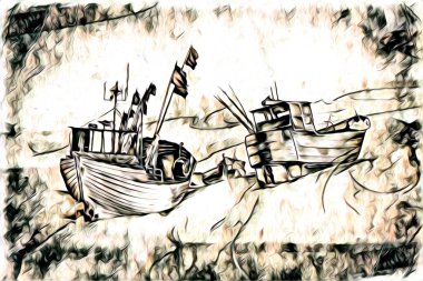 Antika tekne deniz motifi el yapımı çizimler