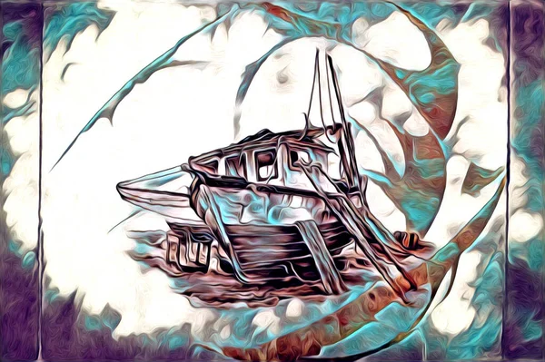 Antik Båt Hav Motiv Ritning Handgjorda Illustration — Stockfoto
