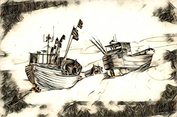 Bateau Antique Motif Mer Dessin Illustration Main — Photo