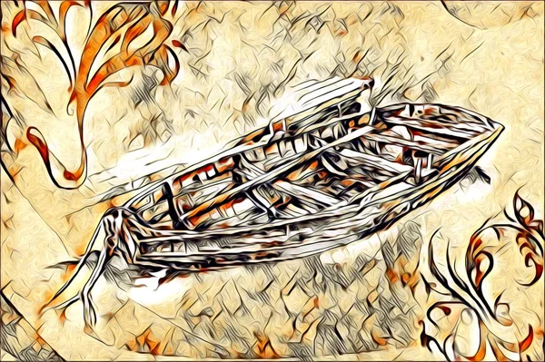 手作りのイラストを描くアンティークボートの海の動機 — ストック写真