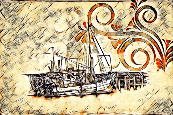 Antieke Boot Zee Motief Tekening Handgemaakte Illustratie — Stockfoto