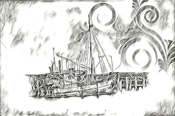 手作りのイラストを描くアンティークボートの海の動機 — ストック写真