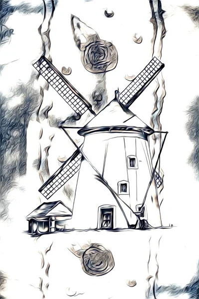 Windmolen Oude Retro Vintage Tekening Illustratie Kunst — Stockfoto