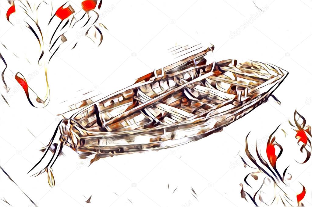 antique boat sea motive drawing handmade illustration