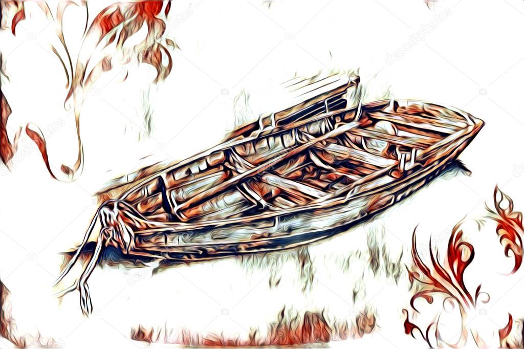 antique boat sea motive drawing handmade illustration
