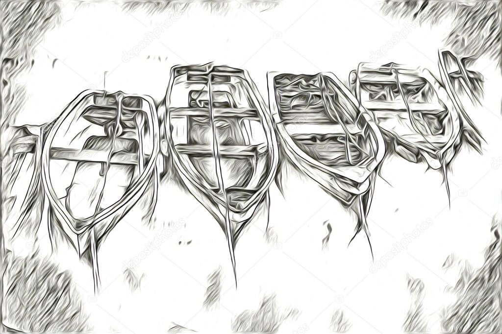 antique boat sea motive drawing handmade illustration